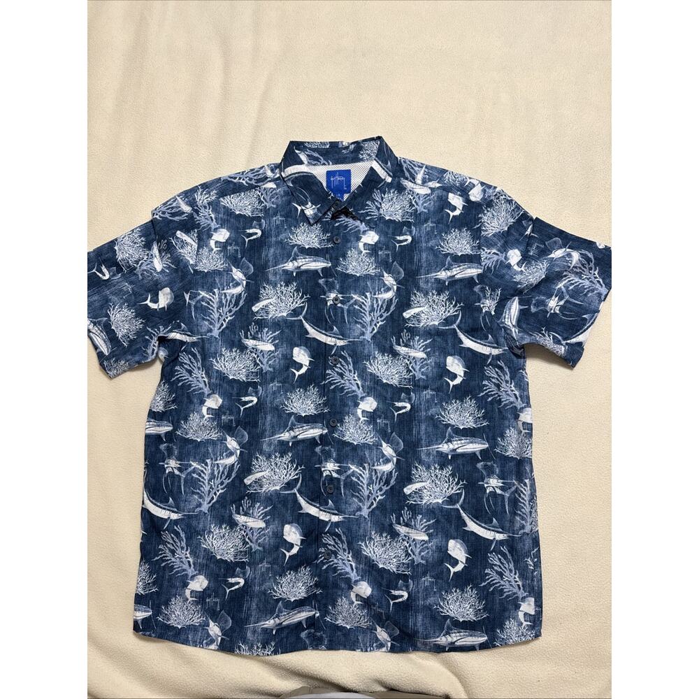 Guy Harvey Shirt Men's Size L Button Up Marlin All Over Print Short Sleeve